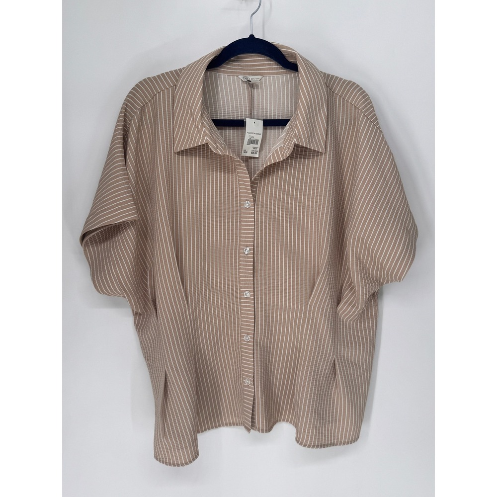 Cato Shirt Women 18/20W Tan NWT Pinstripe Short Sleeve Relaxed Button Down